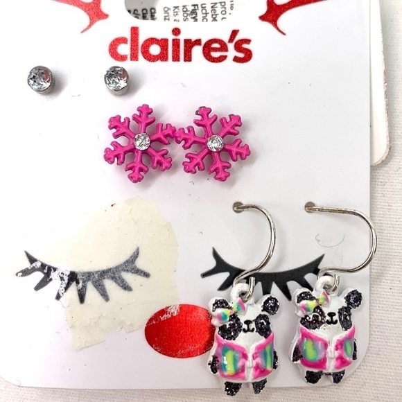 Claire’s Holiday Pierced Earring Trio-Crystal Studs, Snowflakes, Pandas - Picture 2 of 4